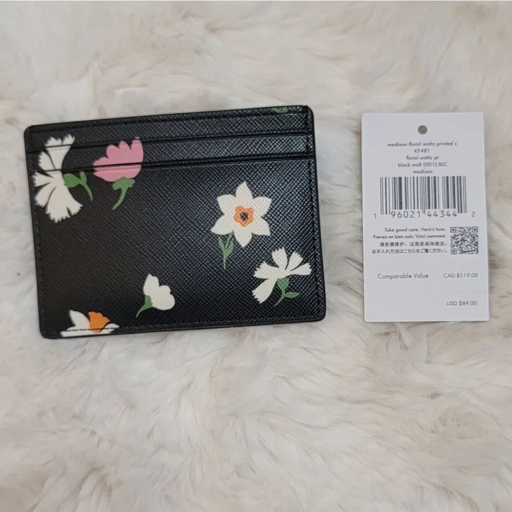 Kate Spade Madison Floral Waltz Printed Black Card Holder New $89
